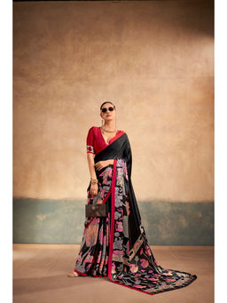 LooknBook Art - Red Satin Floral Saree With Unstitched Blouse