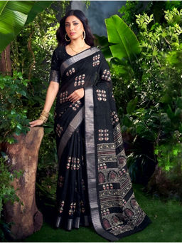 LooknBook Art - Black Poly Silk Woven Saree With Unstitched Blouse
