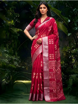 LooknBook Art - Red Poly Silk Woven Saree With Unstitched Blouse