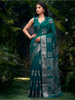 LooknBook Art - Green Poly Silk Woven Saree With Unstitched Blouse