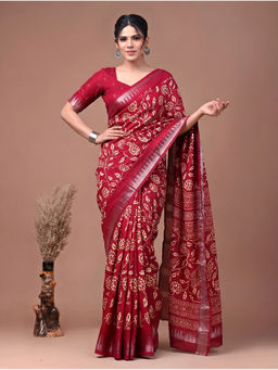 LooknBook Art - Red Poly Silk Floral Saree With Unstitched Blouse