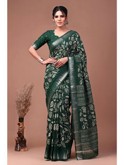 LooknBook Art - Green Poly Silk Floral Saree With Unstitched Blouse