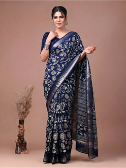 LooknBook Art - Navy Blue Poly Silk Floral Saree With Unstitched Blouse