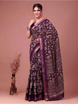LooknBook Art - Wine Poly Silk Floral Saree With Unstitched Blouse
