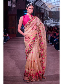 LooknBook Art - Gold Tissue Embroidered Saree With Unstitched Blouse