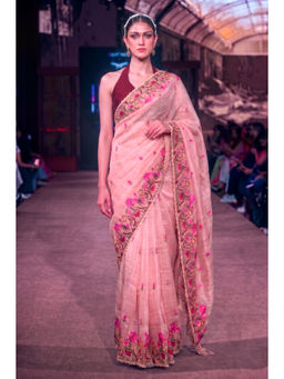 LooknBook Art - Pink Tissue Embroidered Saree With Unstitched Blouse