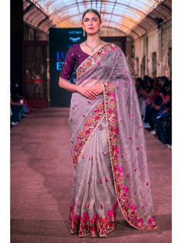 LooknBook Art - Lavender Tissue Embroidered Saree With Unstitched Blouse