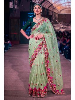 LooknBook Art - Green Tissue Embroidered Saree With Unstitched Blouse