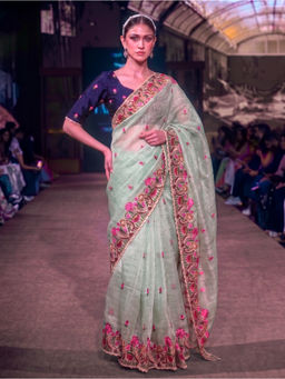 LooknBook Art - Green Tissue Embroidered Saree With Unstitched Blouse