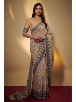 LooknBook Art - Cream Polycotton Printed Saree With Unstitched Blouse
