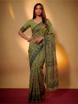 LooknBook Art - Green Polycotton Printed Saree With Unstitched Blouse