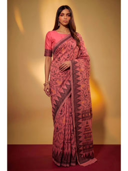 LooknBook Art - Peach Polycotton Printed Saree With Unstitched Blouse
