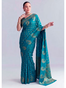 LooknBook Art - Teal Silk Woven Saree With Unstitched Blouse