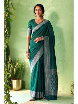 LooknBook Art - Green Chinon Printed Saree With Unstitched Blouse