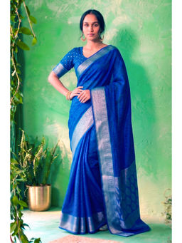 LooknBook Art - Blue Chinon Printed Saree With Unstitched Blouse