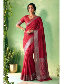 LooknBook Art - Red Chinon Printed Saree With Unstitched Blouse