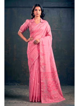 LooknBook Art - Peach Cotton Silk Woven Saree With Unstitched Blouse