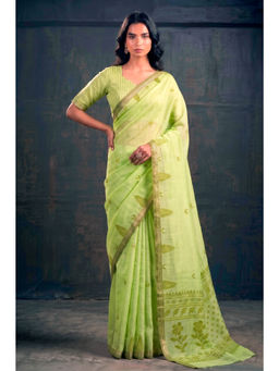 LooknBook Art - Green Cotton Silk Woven Saree With Unstitched Blouse