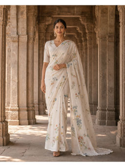 AMRUTKALA SAREES - White Linen Floral Saree With Unstitched Blouse