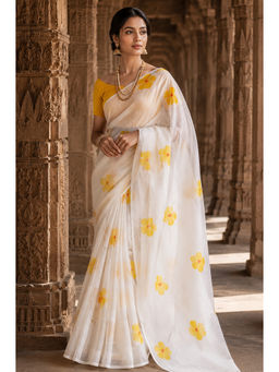 AMRUTKALA SAREES - White Linen Floral Saree With Unstitched Blouse