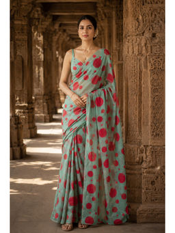 AMRUTKALA SAREES - Green Linen Polka Dots Saree With Unstitched Blouse