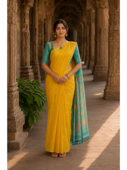 AMRUTKALA SAREES - Yellow Linen Printed Saree With Unstitched Blouse