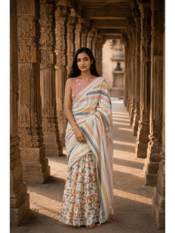 AMRUTKALA SAREES - White Linen Printed Saree With Unstitched Blouse