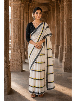 AMRUTKALA SAREES - White Linen Stripes Saree With Unstitched Blouse
