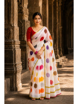 AMRUTKALA SAREES - White Linen Polka Dots Saree With Unstitched Blouse