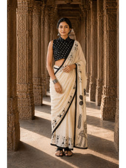 AMRUTKALA SAREES - Beige Linen Floral Saree With Unstitched Blouse