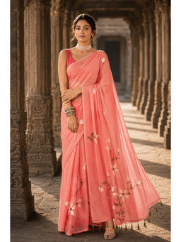 AMRUTKALA SAREES - Pink Linen Printed Saree With Unstitched Blouse