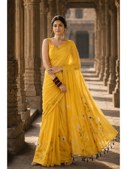 AMRUTKALA SAREES - Yellow Linen Printed Saree With Unstitched Blouse