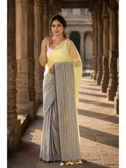 AMRUTKALA SAREES - Grey Linen Stripes Saree With Unstitched Blouse