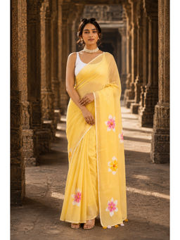 AMRUTKALA SAREES - Yellow Linen Floral Saree With Unstitched Blouse