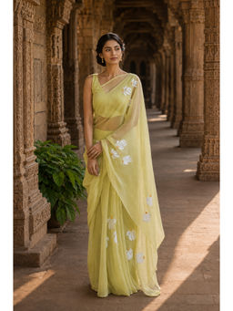 AMRUTKALA SAREES - Green Linen Floral Saree With Unstitched Blouse