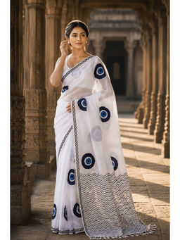 AMRUTKALA SAREES - White Linen Printed Saree With Unstitched Blouse