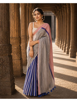 AMRUTKALA SAREES - White Linen Stripes Saree With Unstitched Blouse