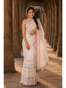 AMRUTKALA SAREES - White Linen Stripes Saree With Unstitched Blouse