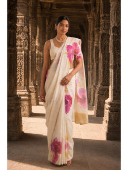 AMRUTKALA SAREES - White Linen Floral Saree With Unstitched Blouse