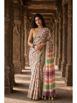 AMRUTKALA SAREES - Multi-Colour Linen Floral Saree With Unstitched Blouse