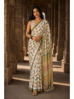 AMRUTKALA SAREES - White Linen Printed Saree With Unstitched Blouse