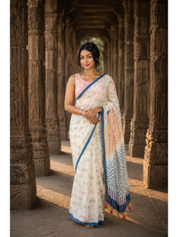 AMRUTKALA SAREES - White Linen Printed Saree With Unstitched Blouse