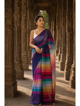 AMRUTKALA SAREES - Navy Blue Linen Stripes Saree With Unstitched Blouse