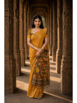 AMRUTKALA SAREES - Mustard Linen Floral Saree With Unstitched Blouse