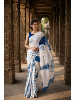 AMRUTKALA SAREES - White Linen Floral Saree With Unstitched Blouse