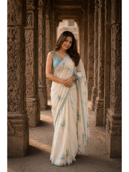 AMRUTKALA SAREES - White Linen Floral Saree With Unstitched Blouse