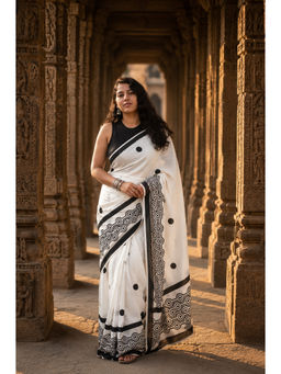 AMRUTKALA SAREES - White Linen Polka Dots Saree With Unstitched Blouse