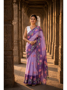 AMRUTKALA SAREES - Purple Linen Floral Saree With Unstitched Blouse