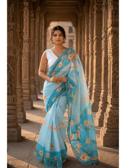 AMRUTKALA SAREES - Blue Linen Floral Saree With Unstitched Blouse