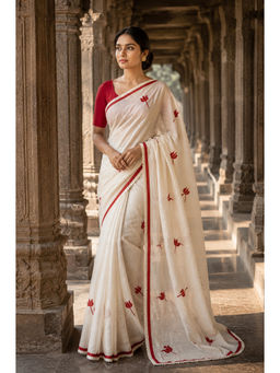 AMRUTKALA SAREES - White Linen Printed Saree With Unstitched Blouse